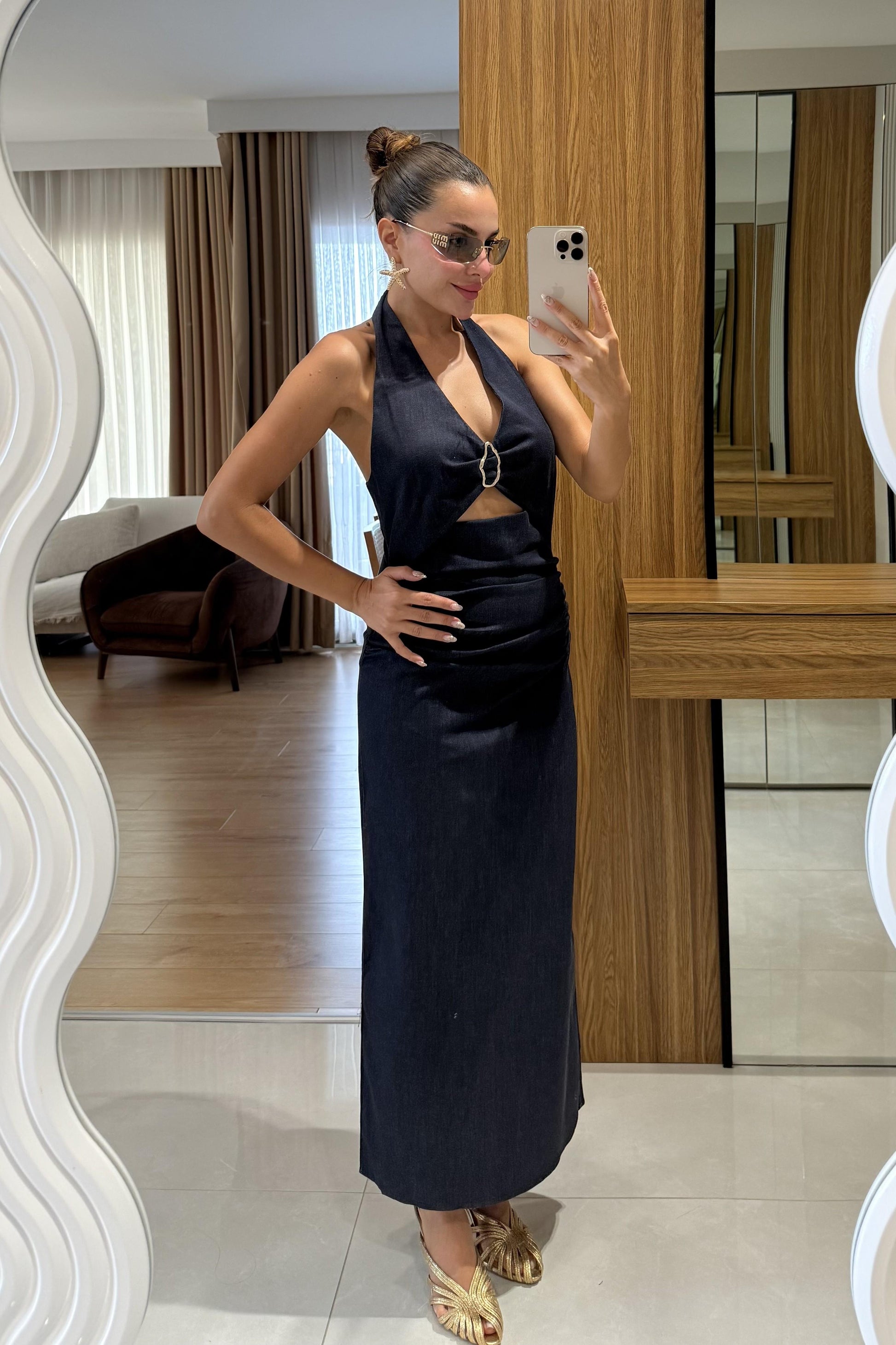 Wales Halka Detaylı Dekolteli Denim Elbise