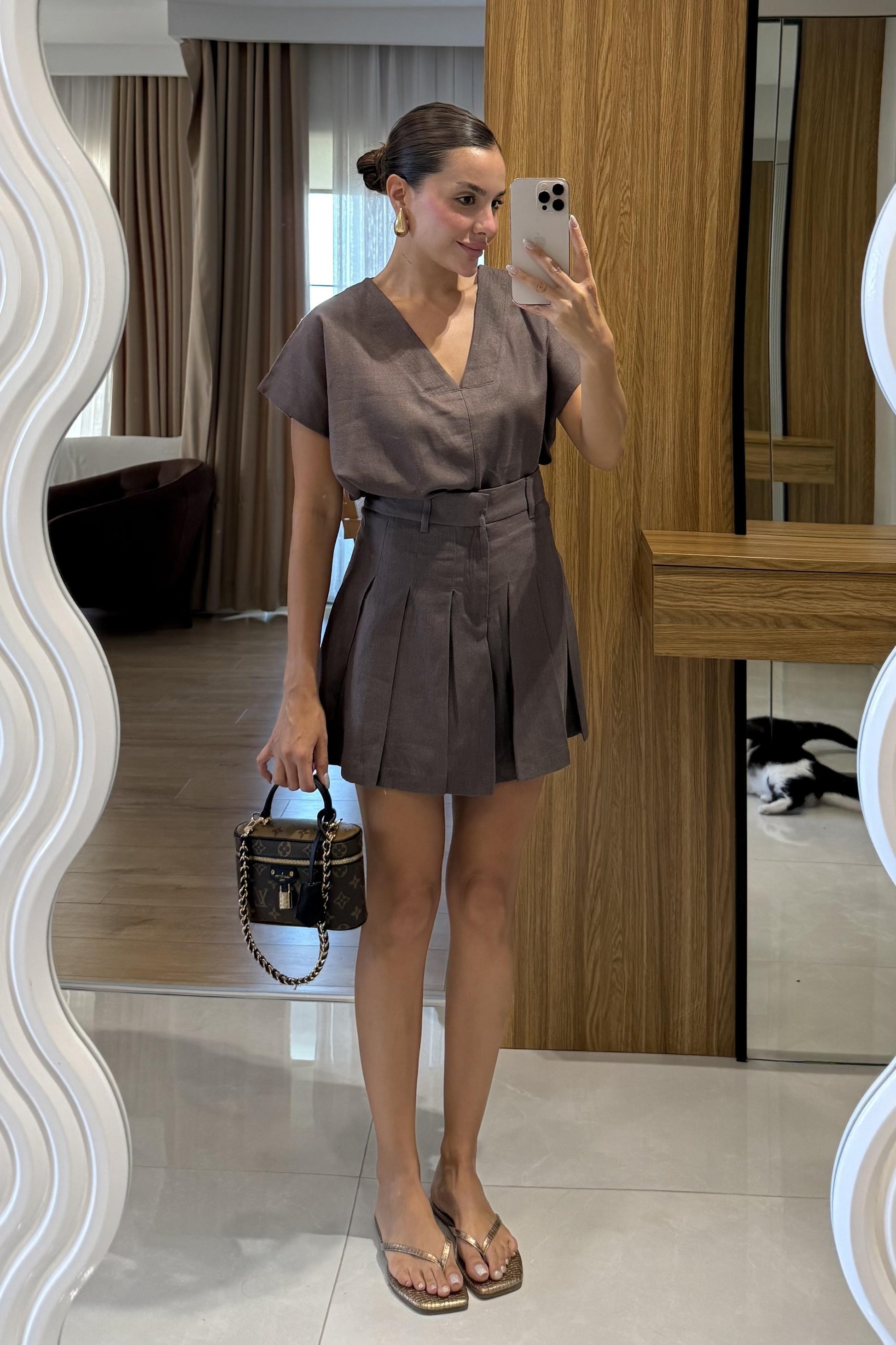 Walker Kahve Şort Etek Keten Takım