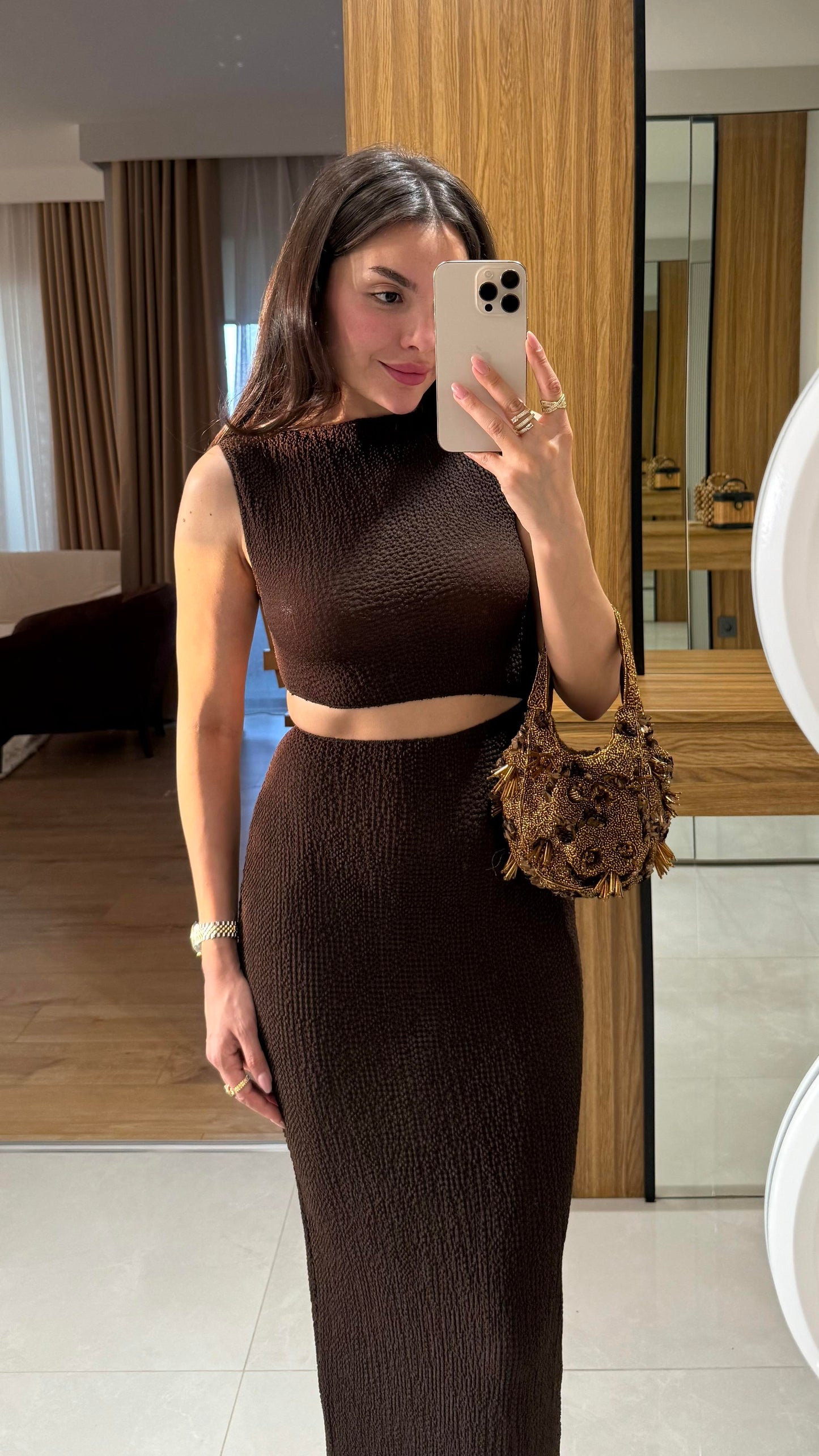 Walnet Acı Kahve Bel Dekolteli Elbise