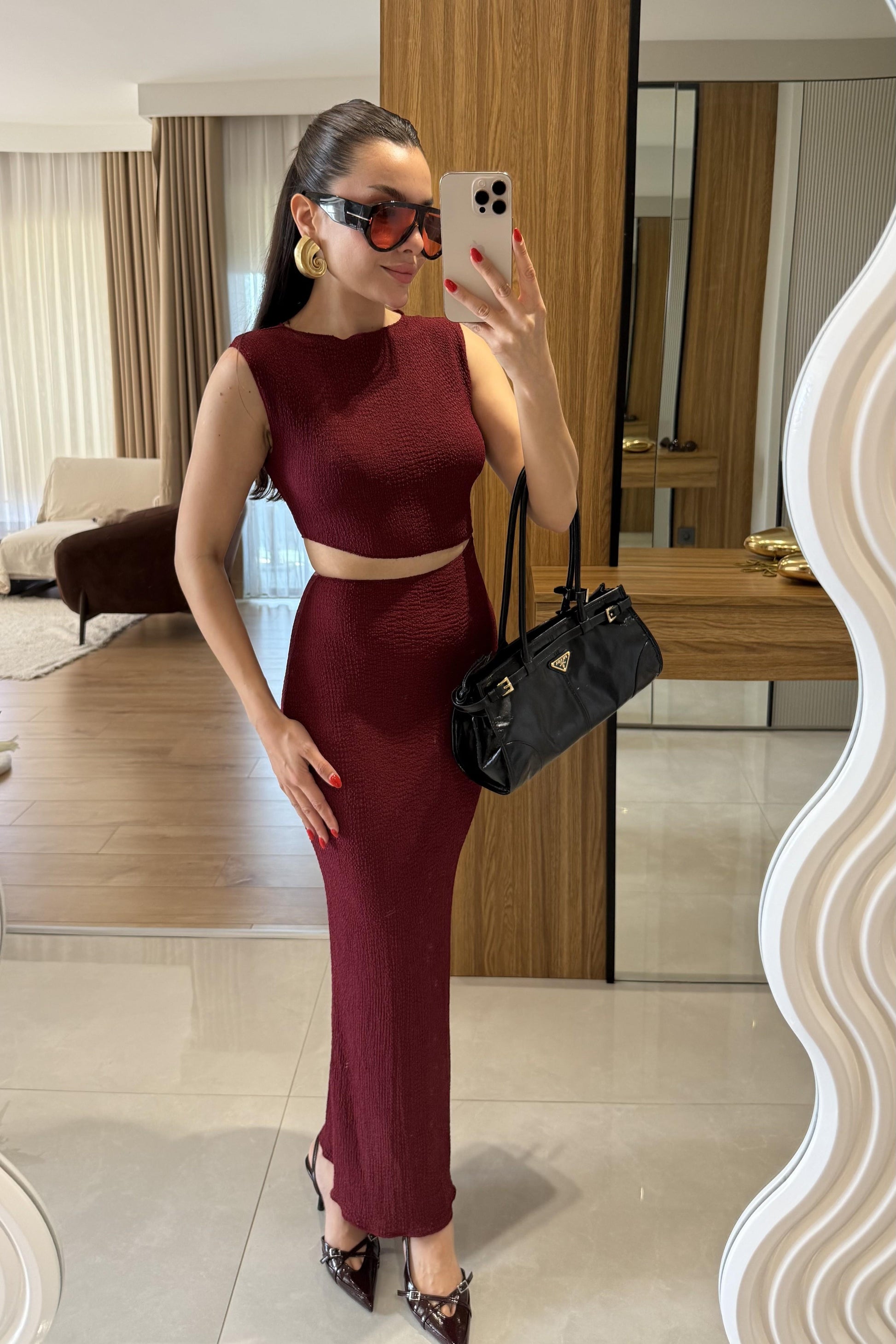 Walnet Bordo Bel Dekolteli Elbise