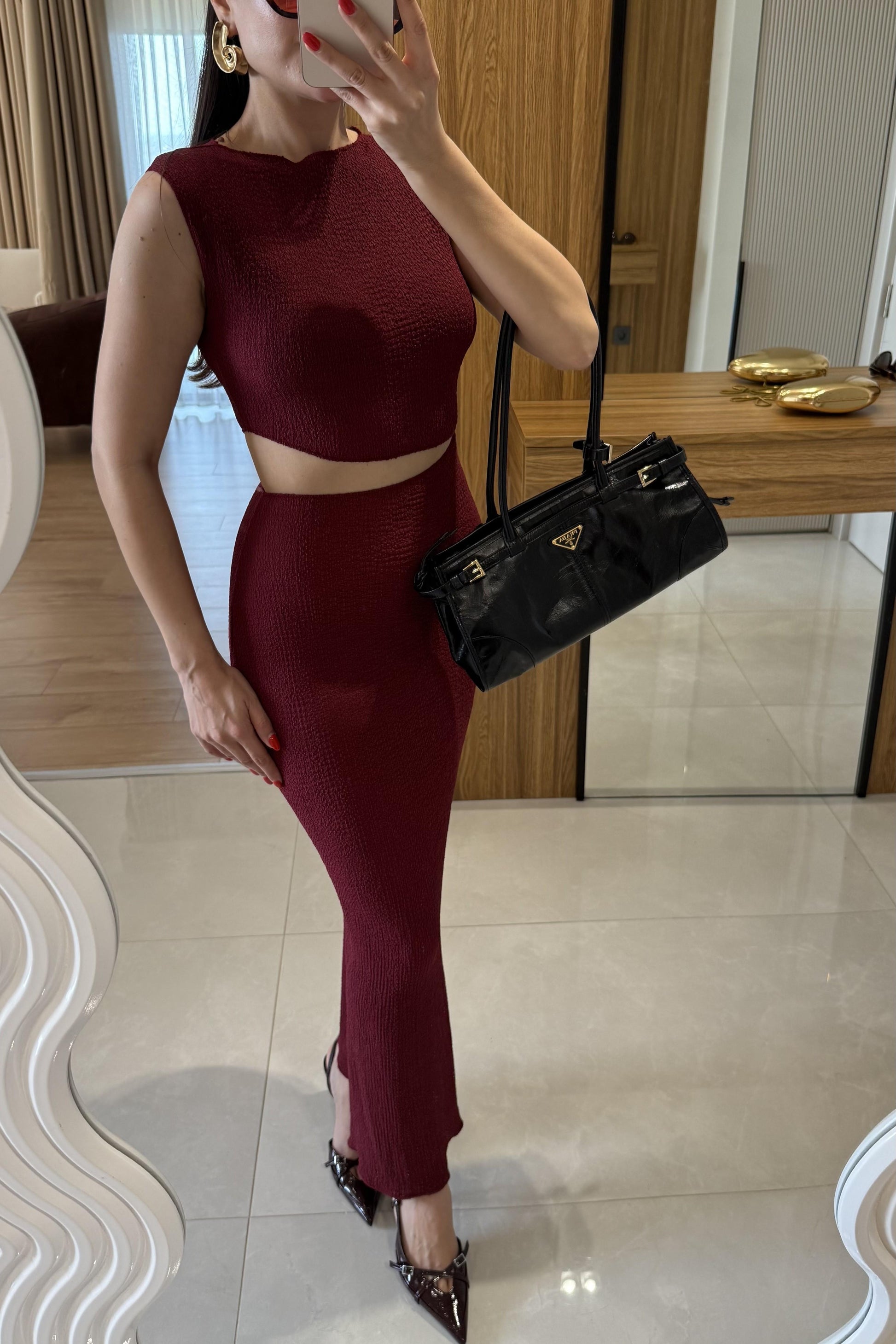 Walnet Bordo Bel Dekolteli Elbise