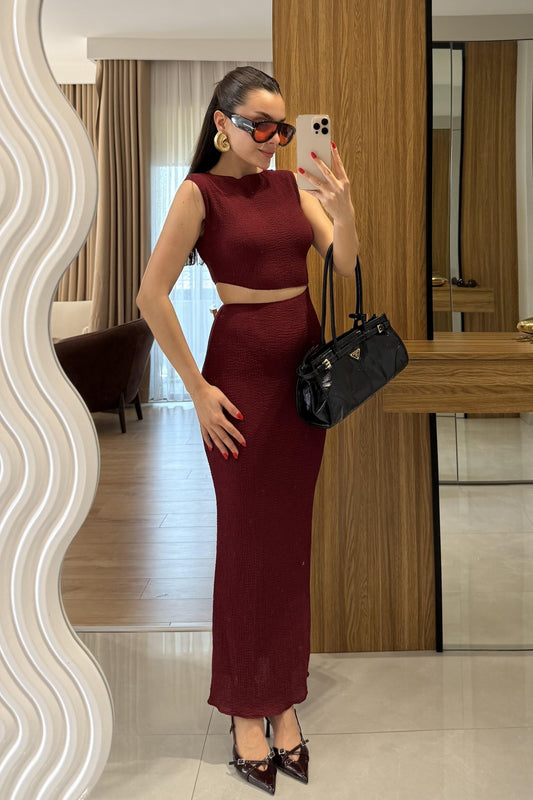 Walnet Bordo Bel Dekolteli Elbise