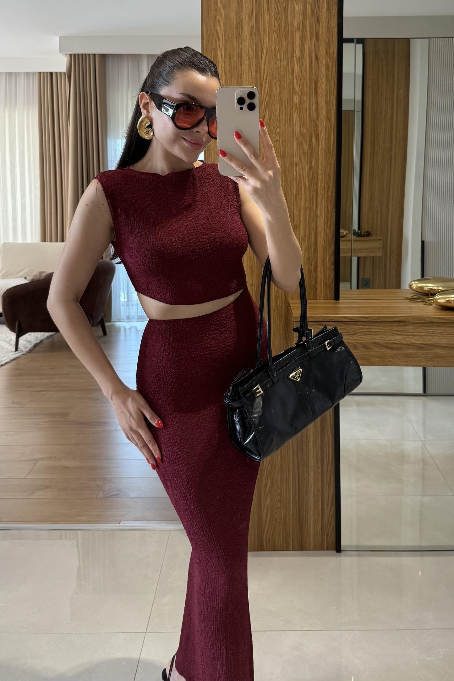 Walnet Bordo Bel Dekolteli Elbise