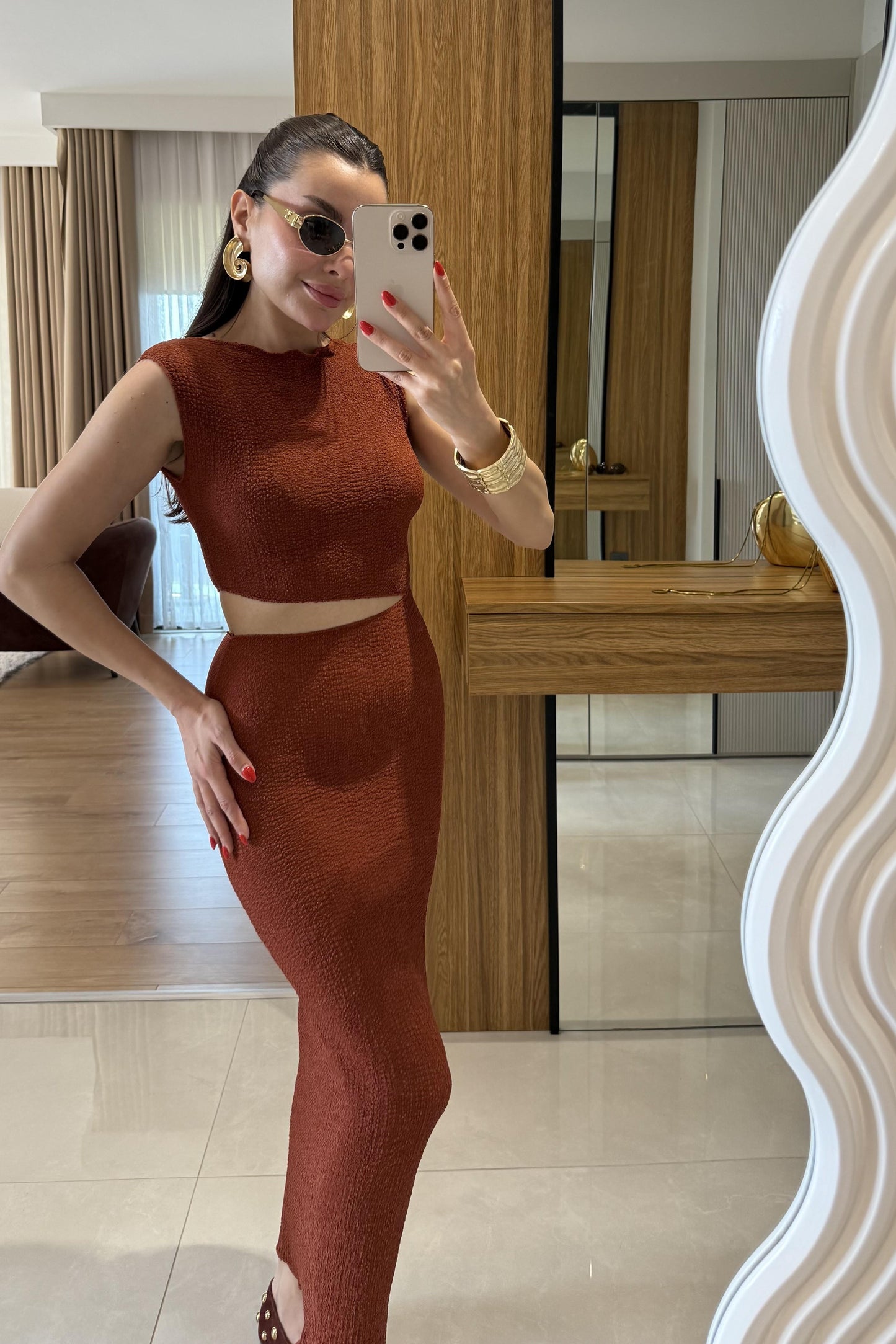 Walnet Kiremit Bel Dekolteli Elbise