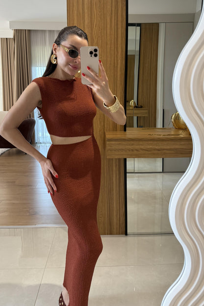 Walnet Kiremit Bel Dekolteli Elbise