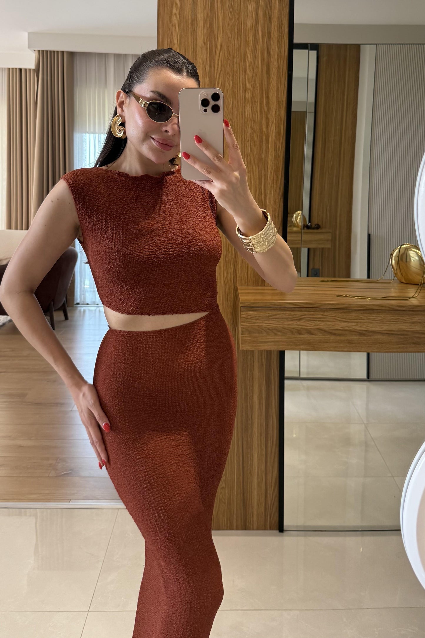 Walnet Kiremit Bel Dekolteli Elbise