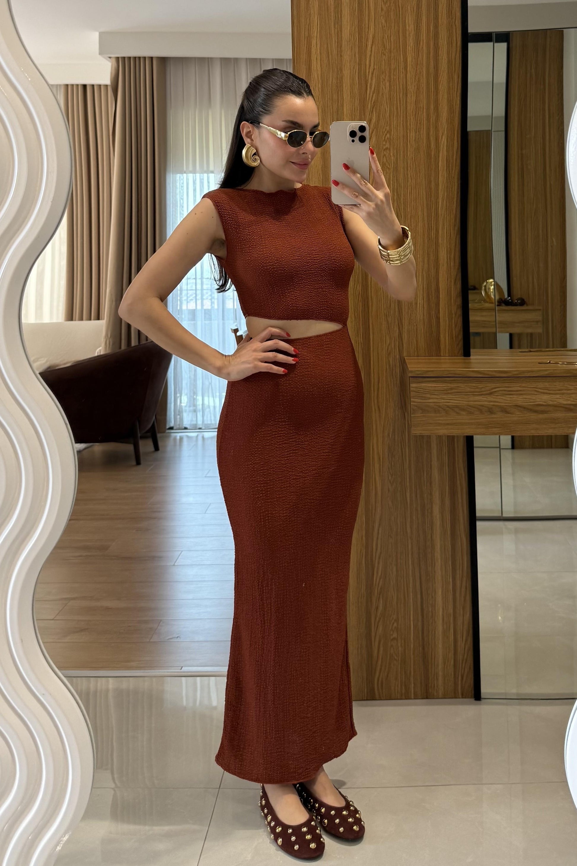 Walnet Kiremit Bel Dekolteli Elbise