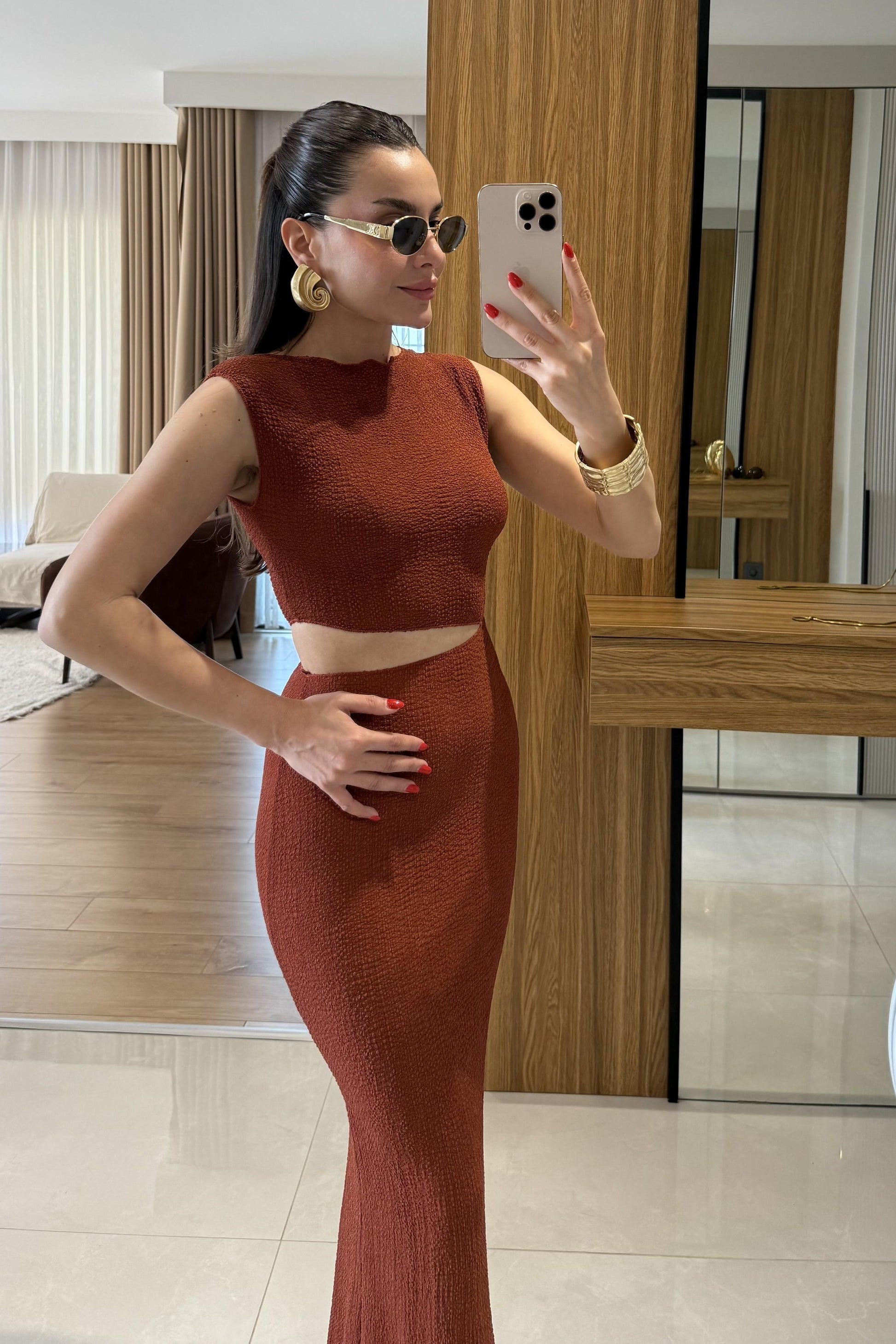 Walnet Kiremit Bel Dekolteli Elbise