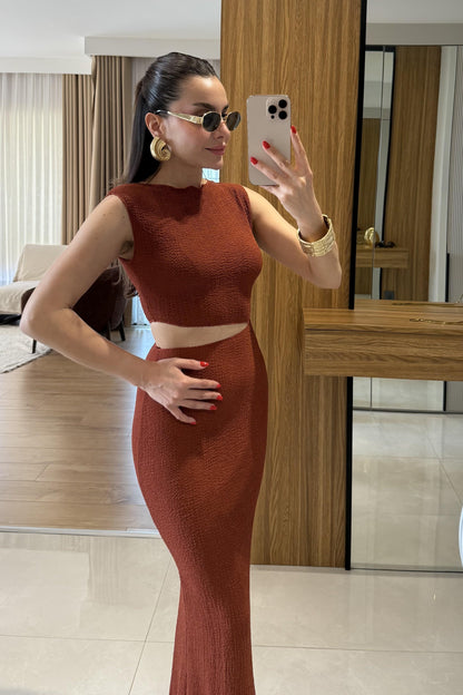 Walnet Kiremit Bel Dekolteli Elbise