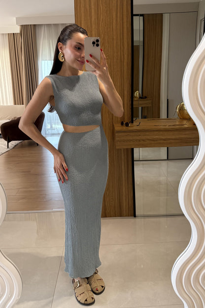 Walnet Gri Bel Dekolteli Elbise