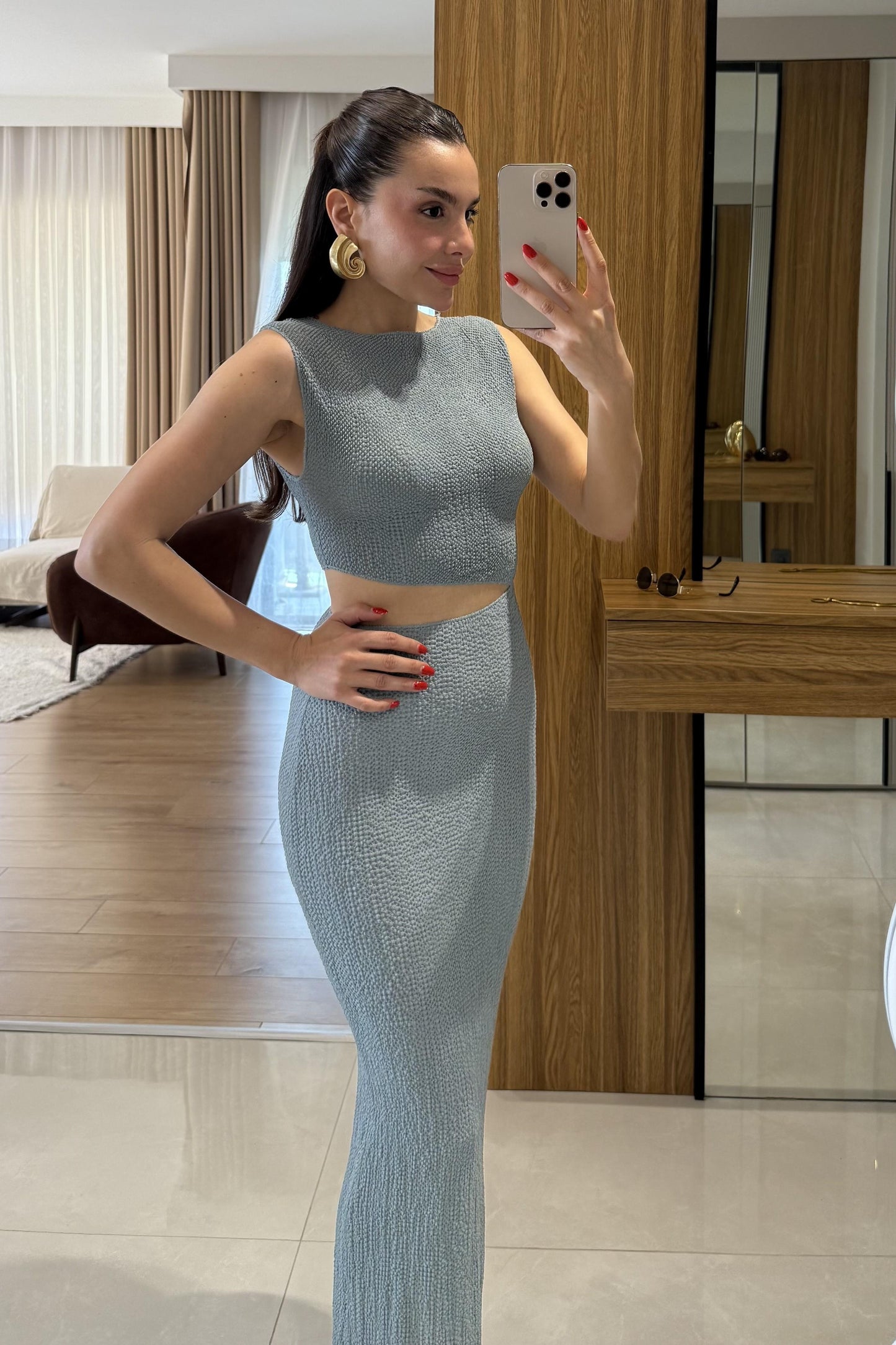 Walnet Gri Bel Dekolteli Elbise