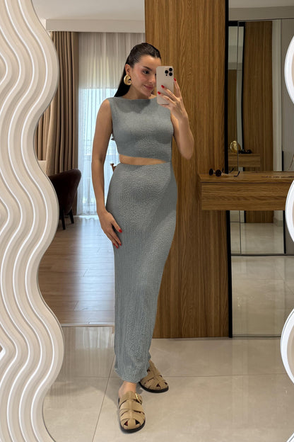 Walnet Gri Bel Dekolteli Elbise