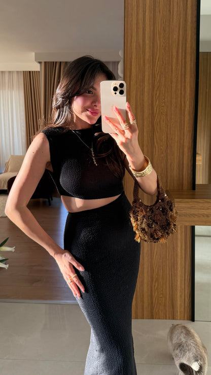 Walnet Siyah Bel Dekolteli Elbise