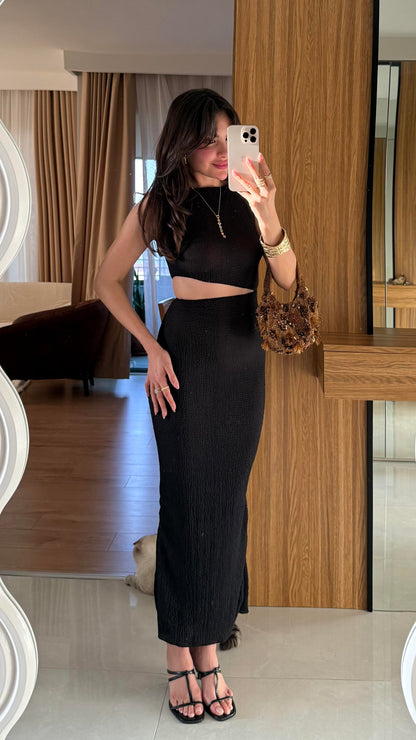 Walnet Siyah Bel Dekolteli Elbise