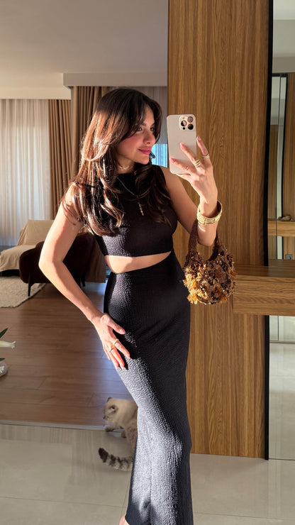 Walnet Siyah Bel Dekolteli Elbise