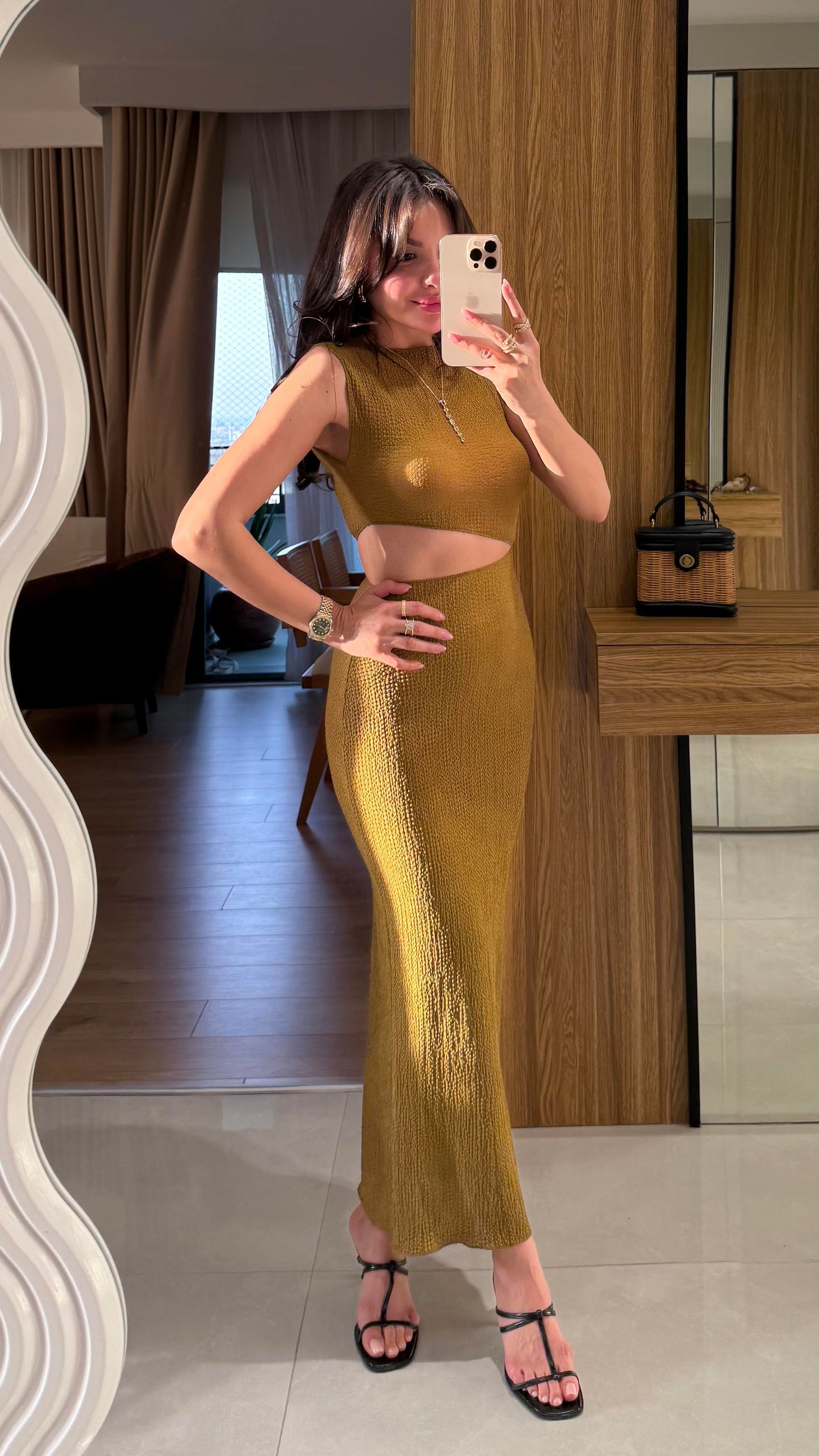 Walnet Yağ Yeşili Bel Dekolteli Elbise