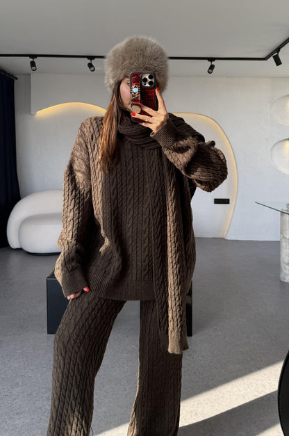 Warm Acı Kahve Saç Örgülü Atkılı Üçlü Takım