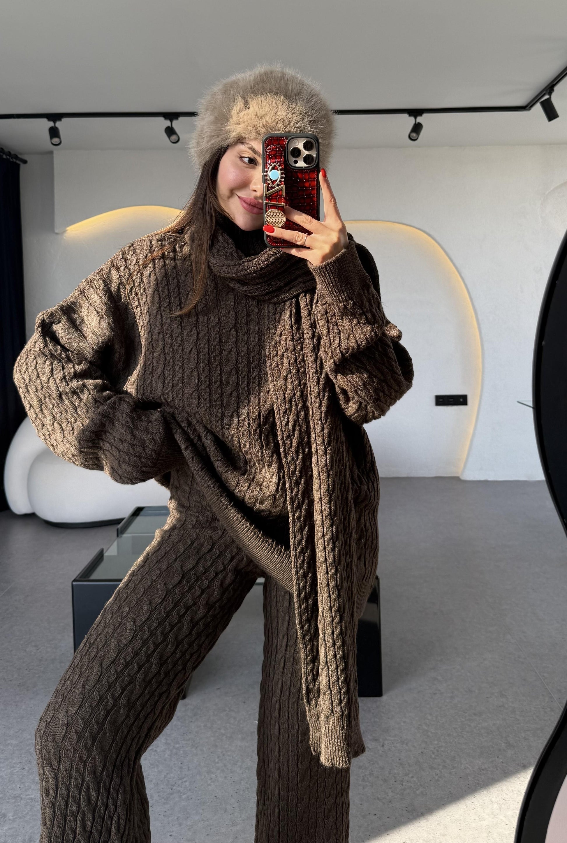 Warm Acı Kahve Saç Örgülü Atkılı Üçlü Takım