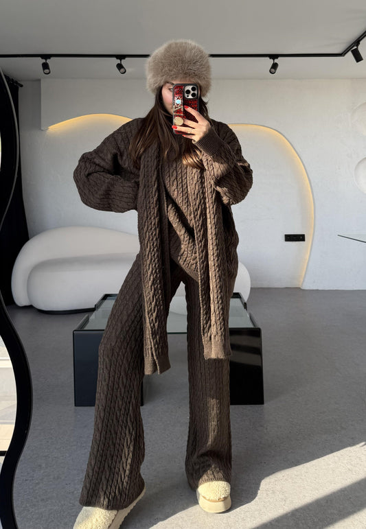 Warm Acı Kahve Saç Örgülü Atkılı Üçlü Takım