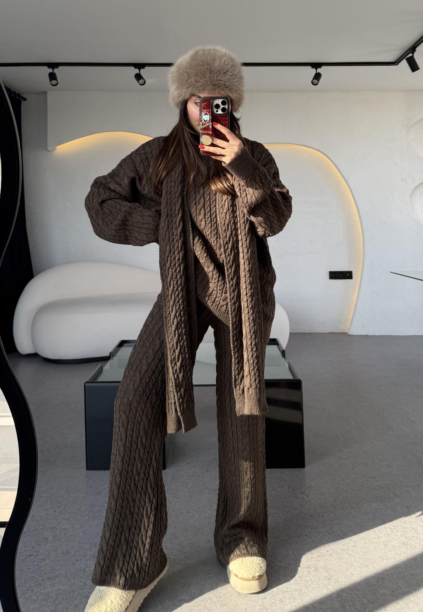 Warm Acı Kahve Saç Örgülü Atkılı Üçlü Takım