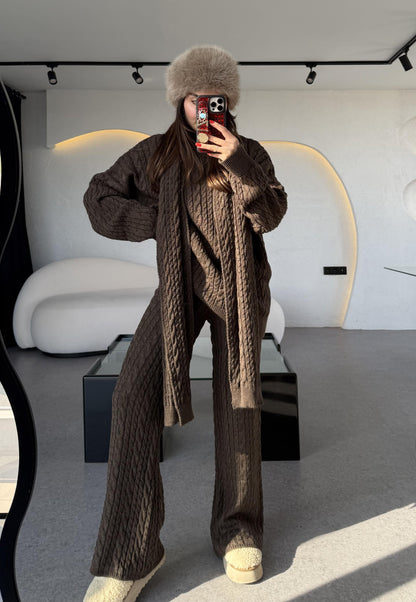 Warm Acı Kahve Saç Örgülü Atkılı Üçlü Takım