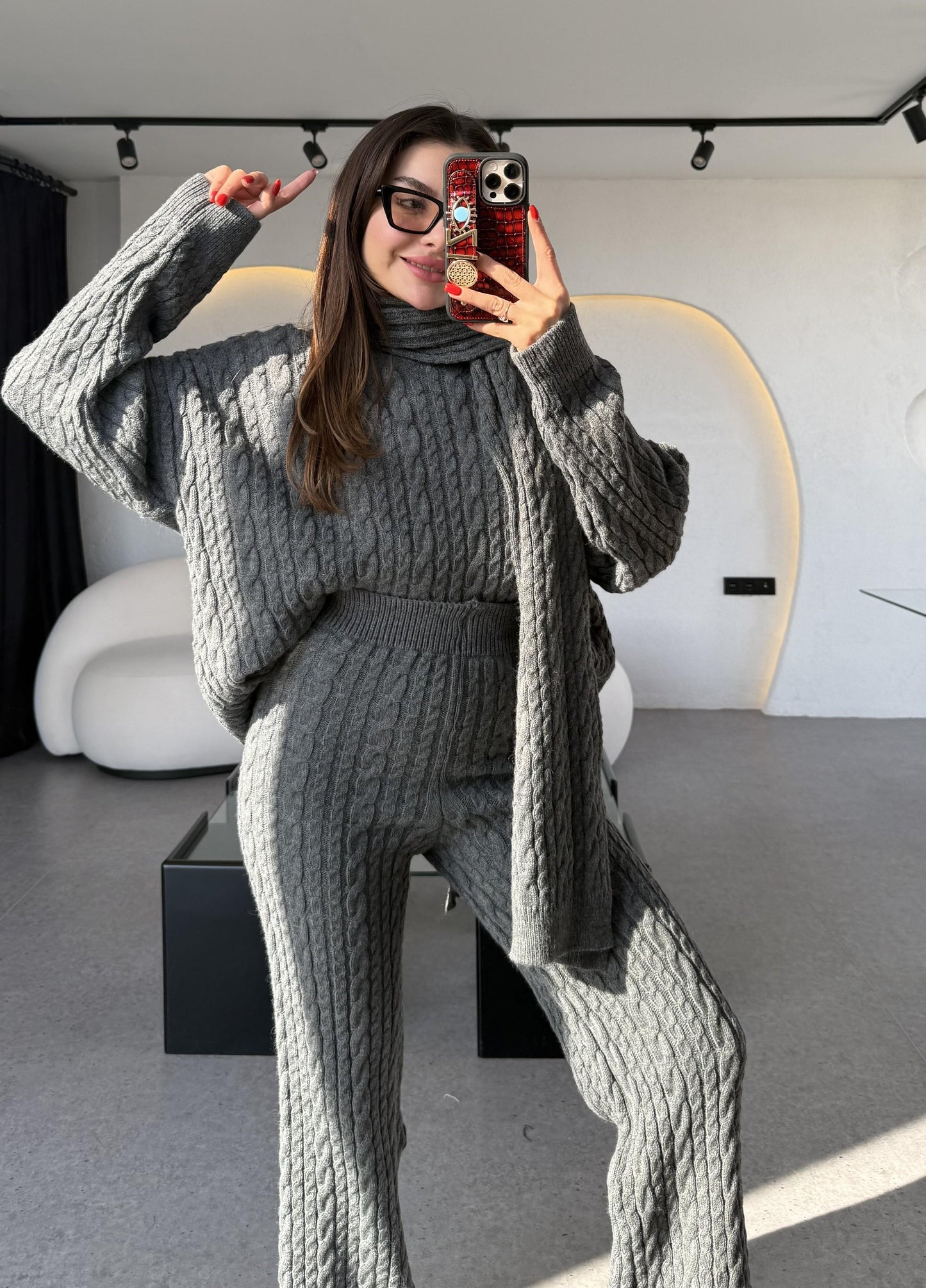 Warm Antrasit Saç Örgülü Atkılı Üçlü Takım