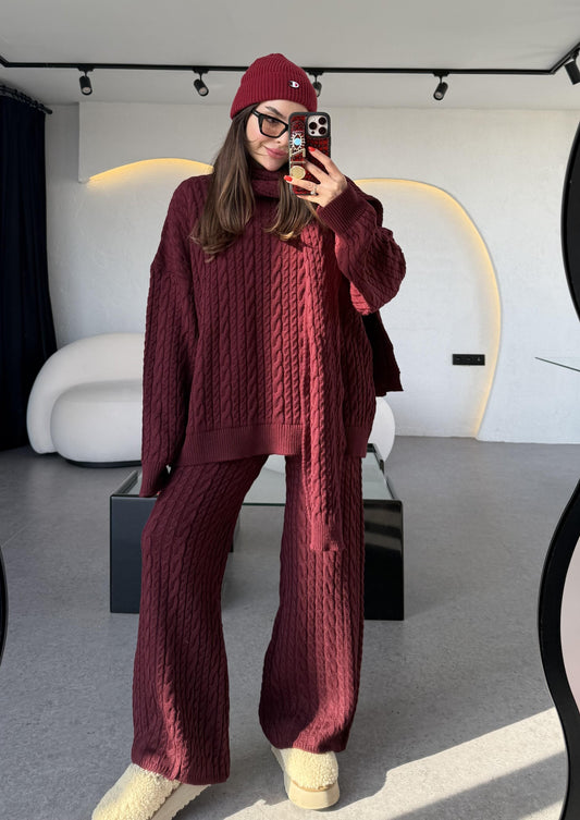 Warm Bordo Saç Örgülü Atkılı Üçlü Takım