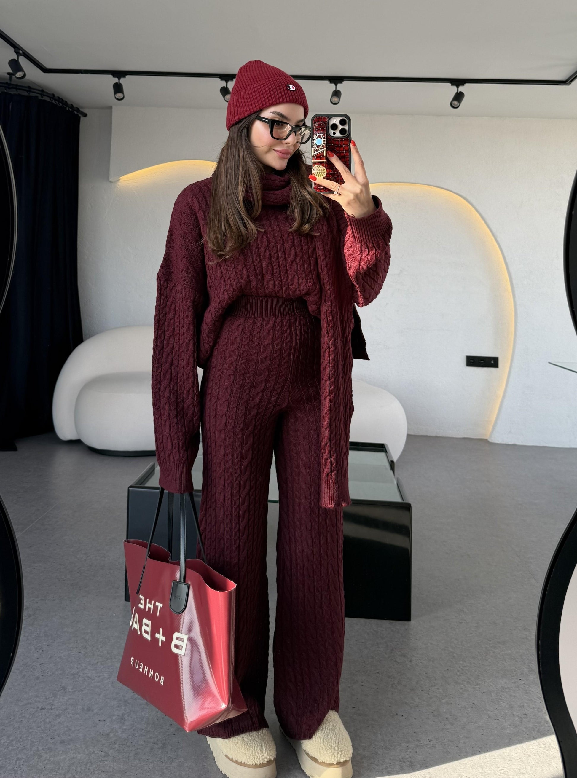 Warm Bordo Saç Örgülü Atkılı Üçlü Takım