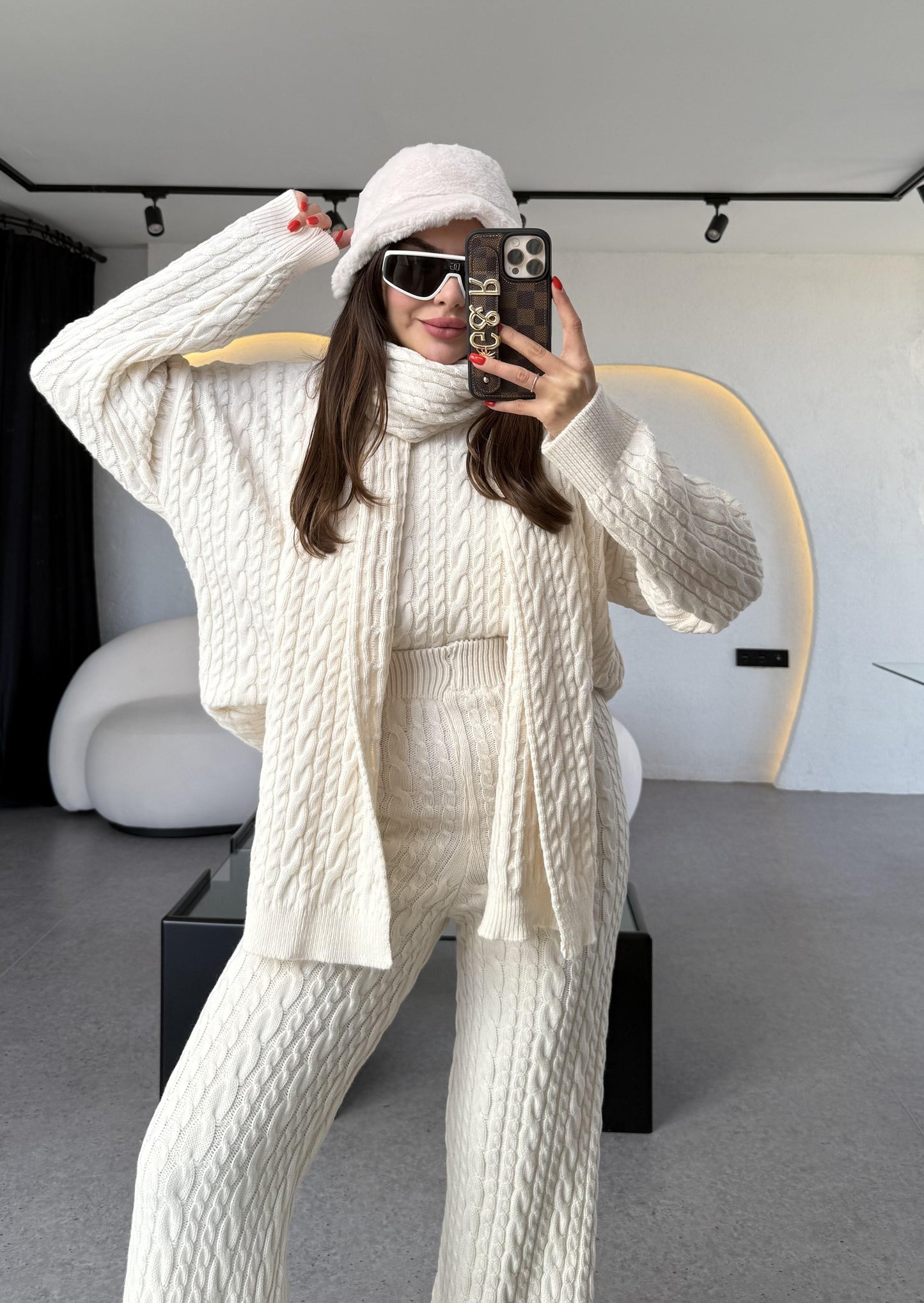 Warm Krem Saç Örgülü Atkılı Üçlü Takım