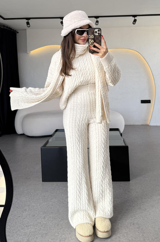 Warm Krem Saç Örgülü Atkılı Üçlü Takım