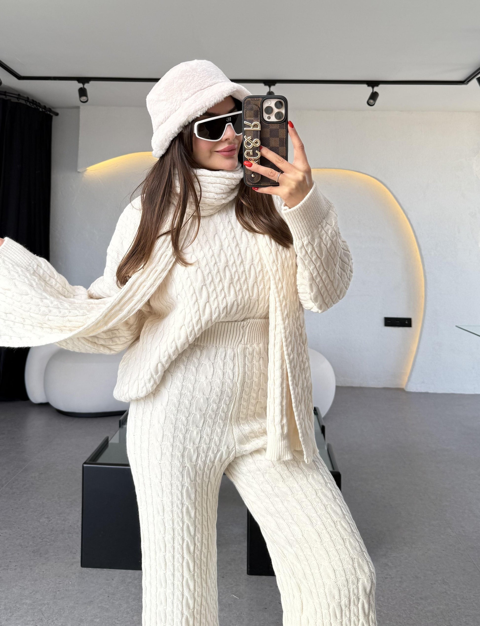 Warm Krem Saç Örgülü Atkılı Üçlü Takım