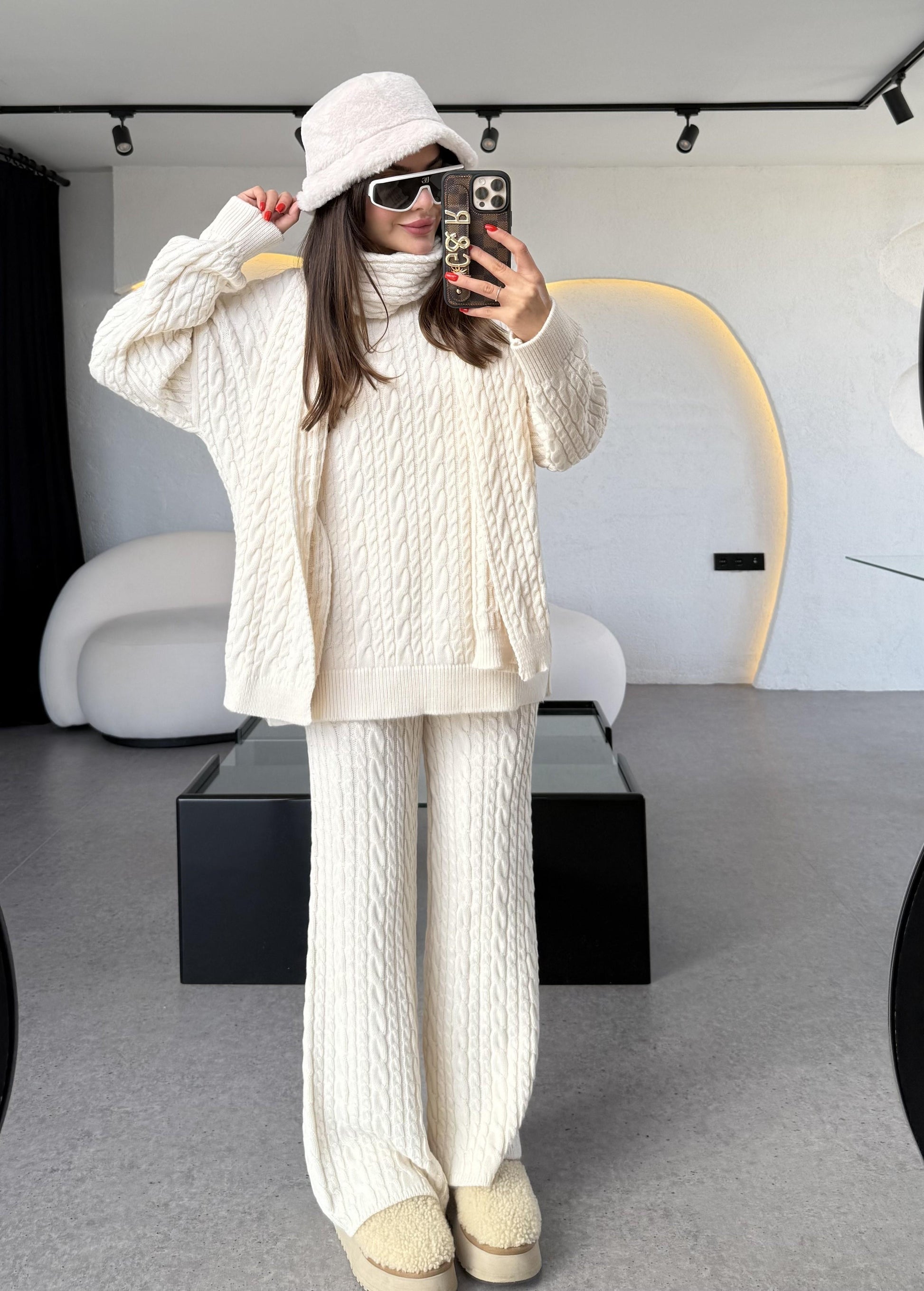 Warm Krem Saç Örgülü Atkılı Üçlü Takım