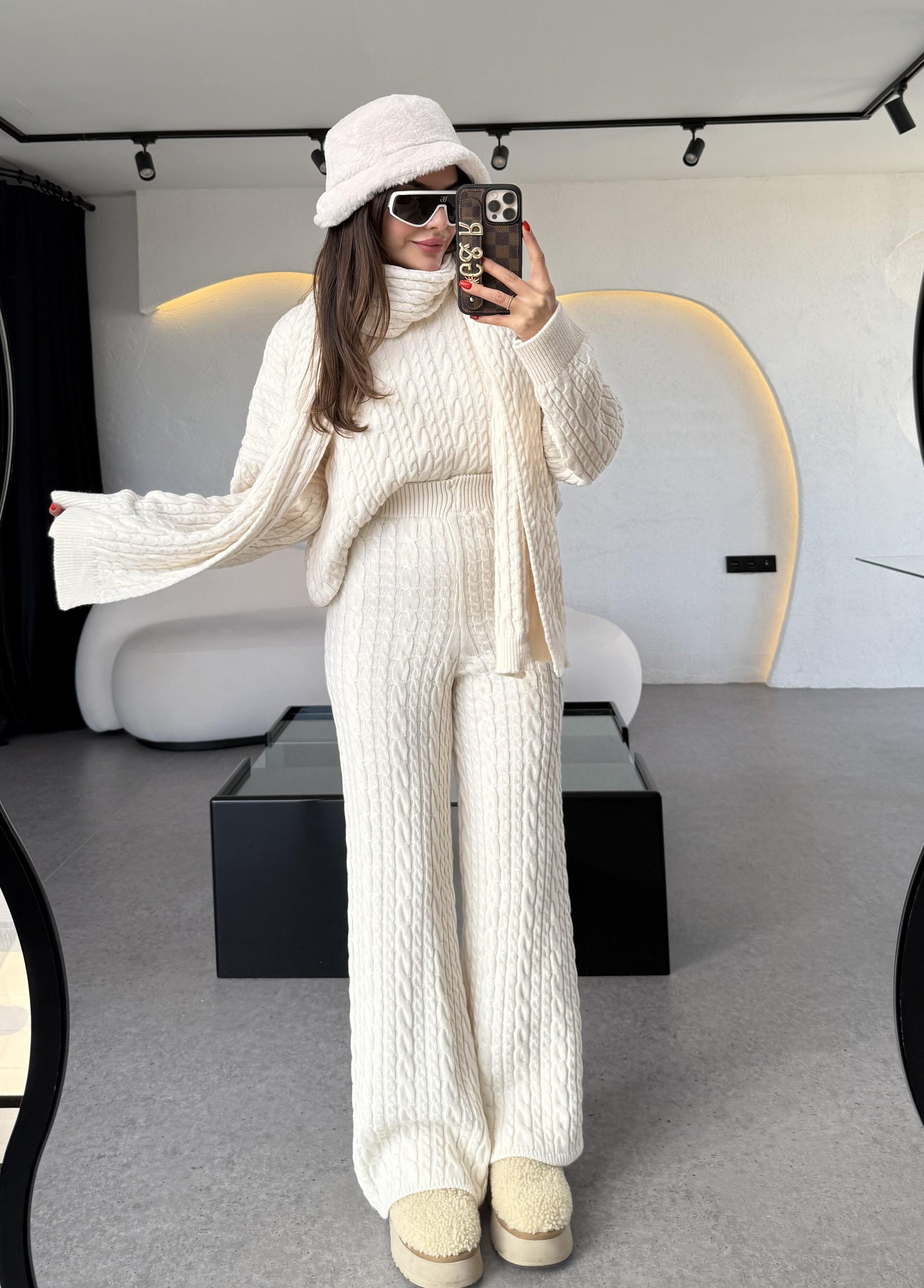 Warm Krem Saç Örgülü Atkılı Üçlü Takım