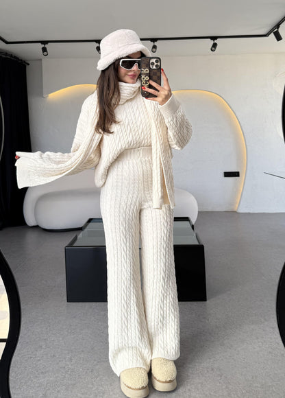 Warm Krem Saç Örgülü Atkılı Üçlü Takım