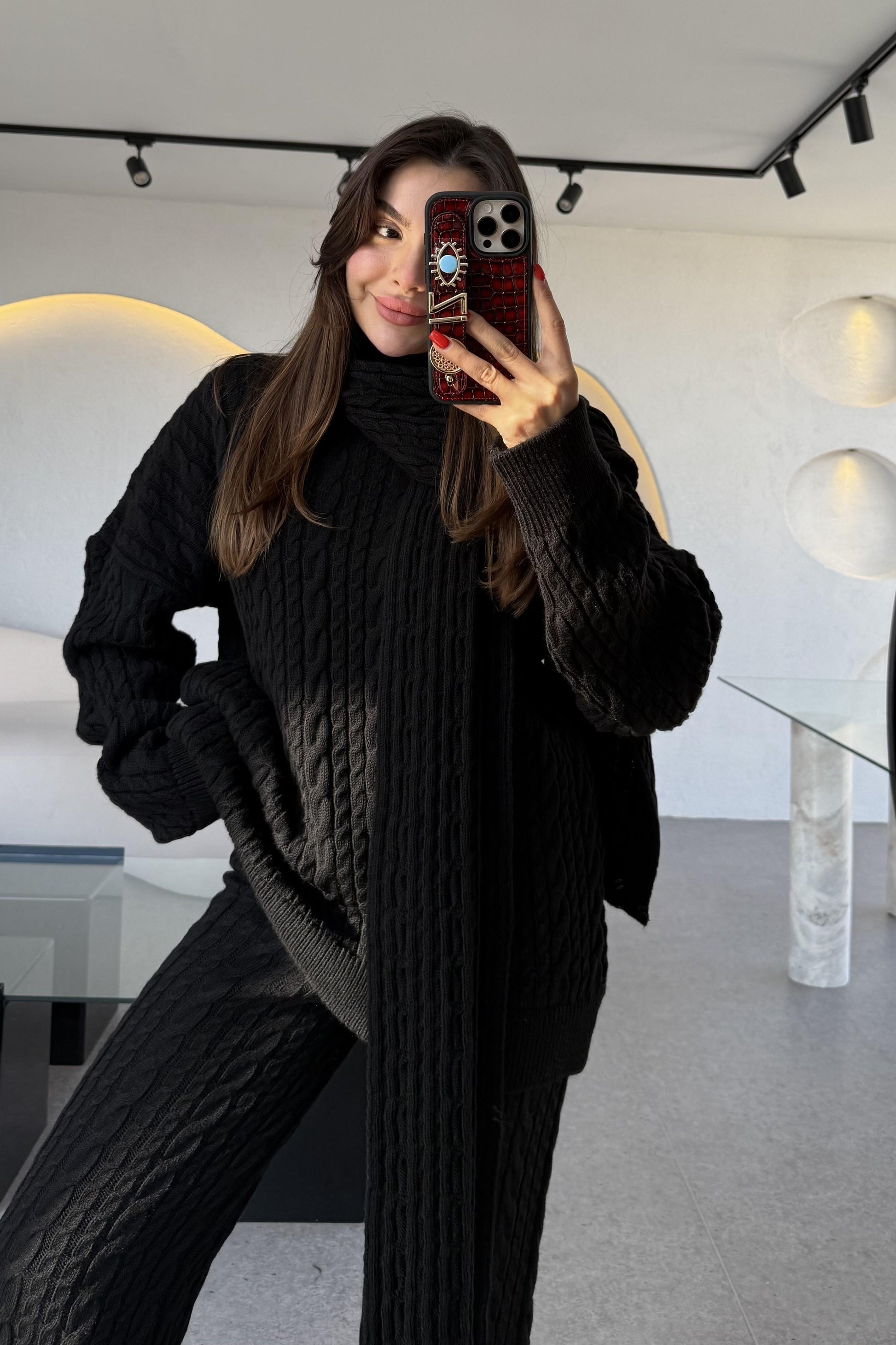 Warm Siyah Saç Örgülü Atkılı Üçlü Takım