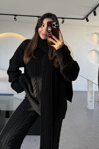 Warm Siyah Saç Örgülü Atkılı Üçlü Takım