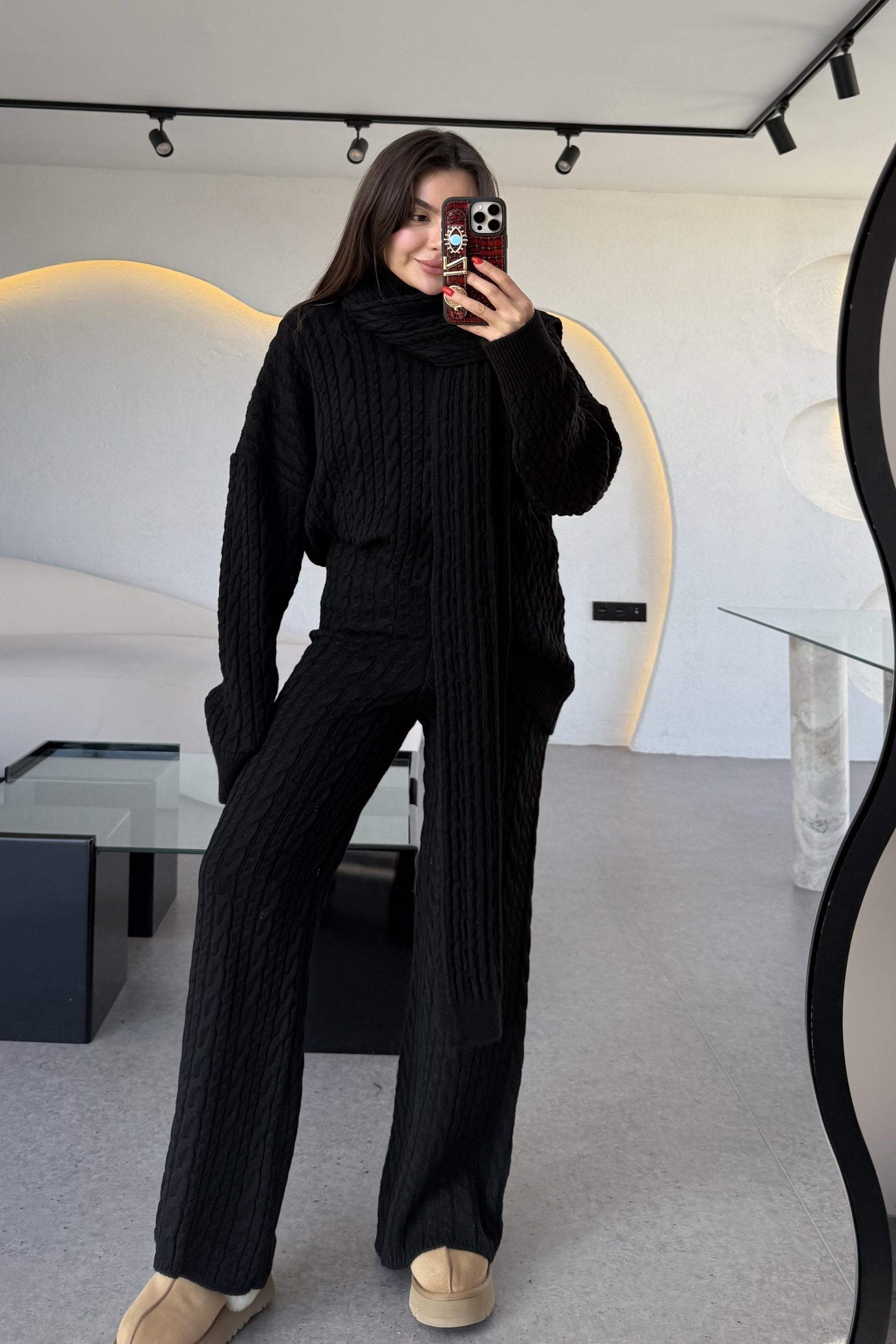 Warm Siyah Saç Örgülü Atkılı Üçlü Takım