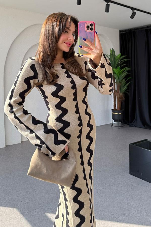 Waves NKD Bej Şeritli Maxi Elbise