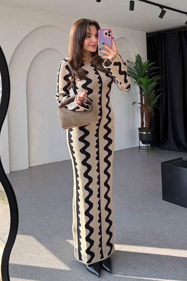 Waves NKD Bej Şeritli Maxi Elbise