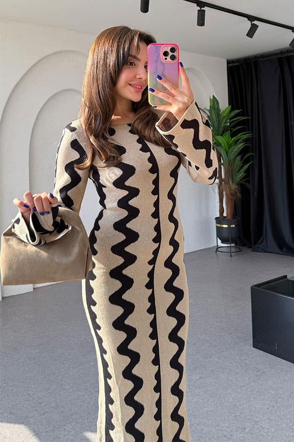 Waves NKD Bej Şeritli Maxi Elbise