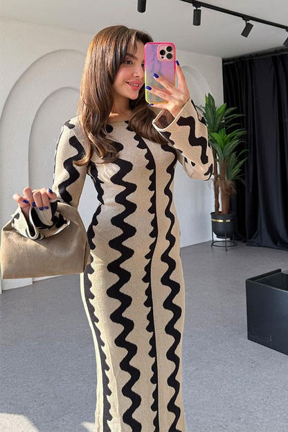 Waves NKD Bej Şeritli Maxi Elbise