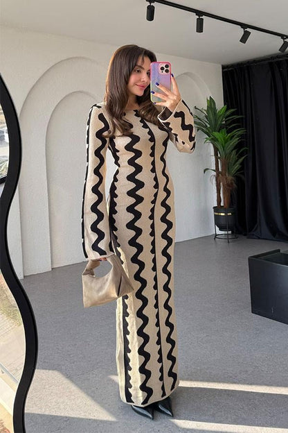 Waves NKD Bej Şeritli Maxi Elbise