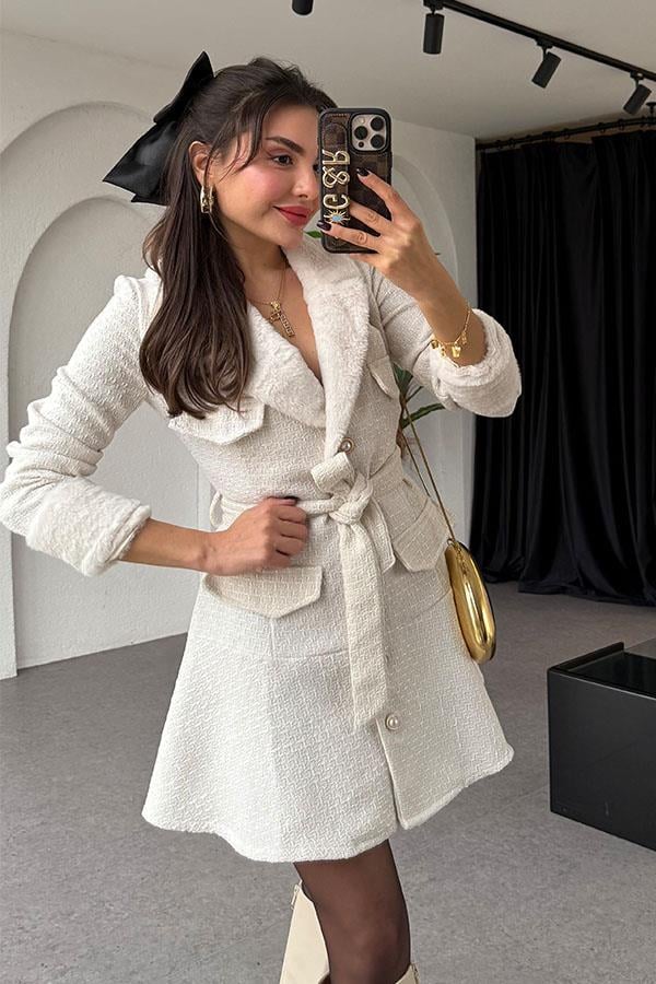 Wendelin Beyaz Yakası Peluş Tüvit Elbise