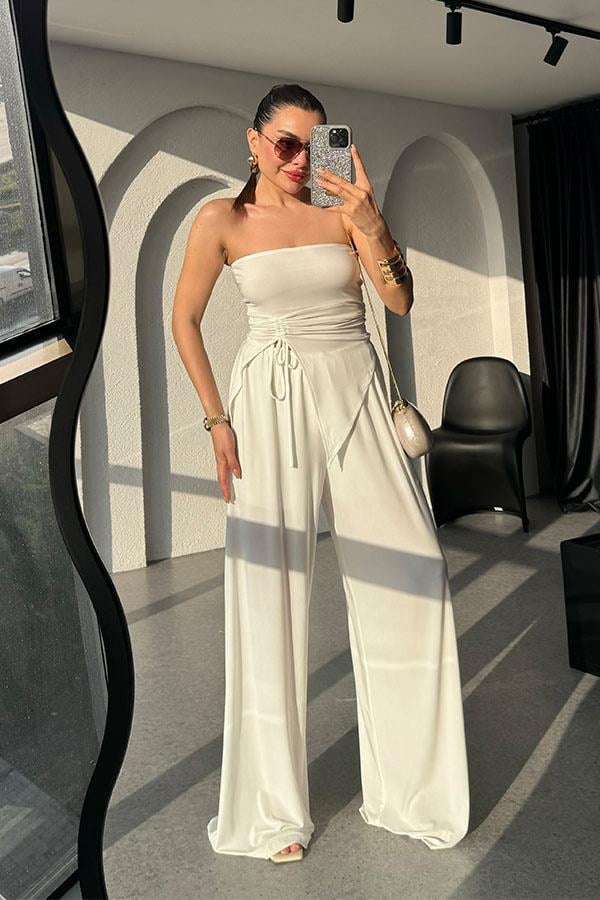 Wendy Büzgülü Bluz Salaş Pantolon Takım -Beyaz