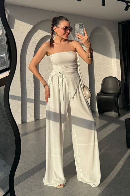 Wendy Büzgülü Bluz Salaş Pantolon Takım -Beyaz