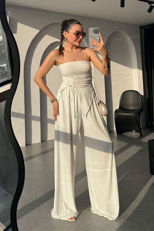Wendy Büzgülü Bluz Salaş Pantolon Takım -Beyaz