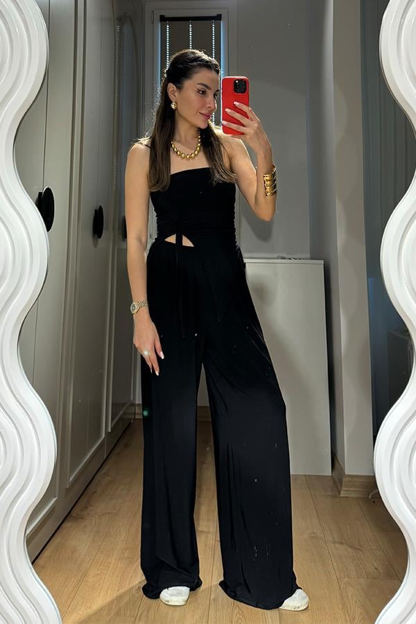 Wendy Büzgülü Bluz Salaş Pantolon Takım - Siyah