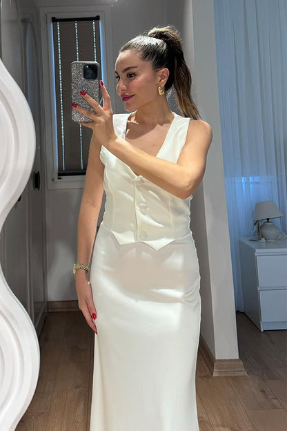 Wenra Yelek Görünümlü Tasarım Elbise - Beyaz