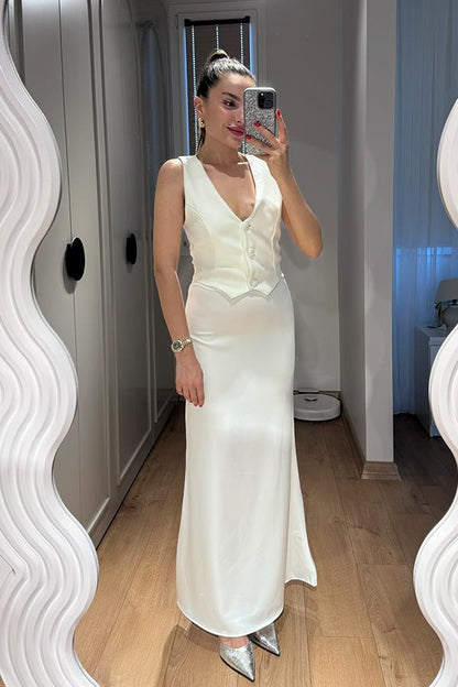 Wenra Yelek Görünümlü Tasarım Elbise - Beyaz