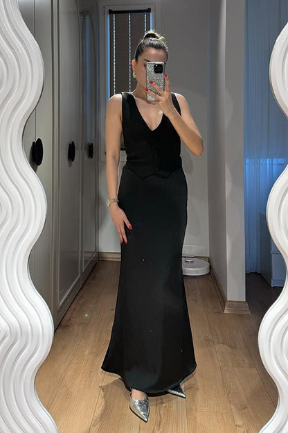 Wenra Yelek Görünümlü Tasarım Elbise - Siyah